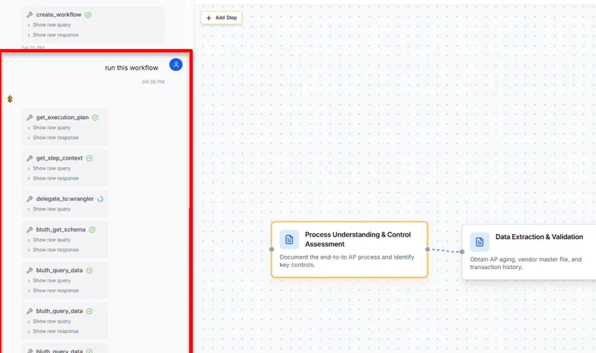 Multi-agent orchestration executing workflow steps with live progress